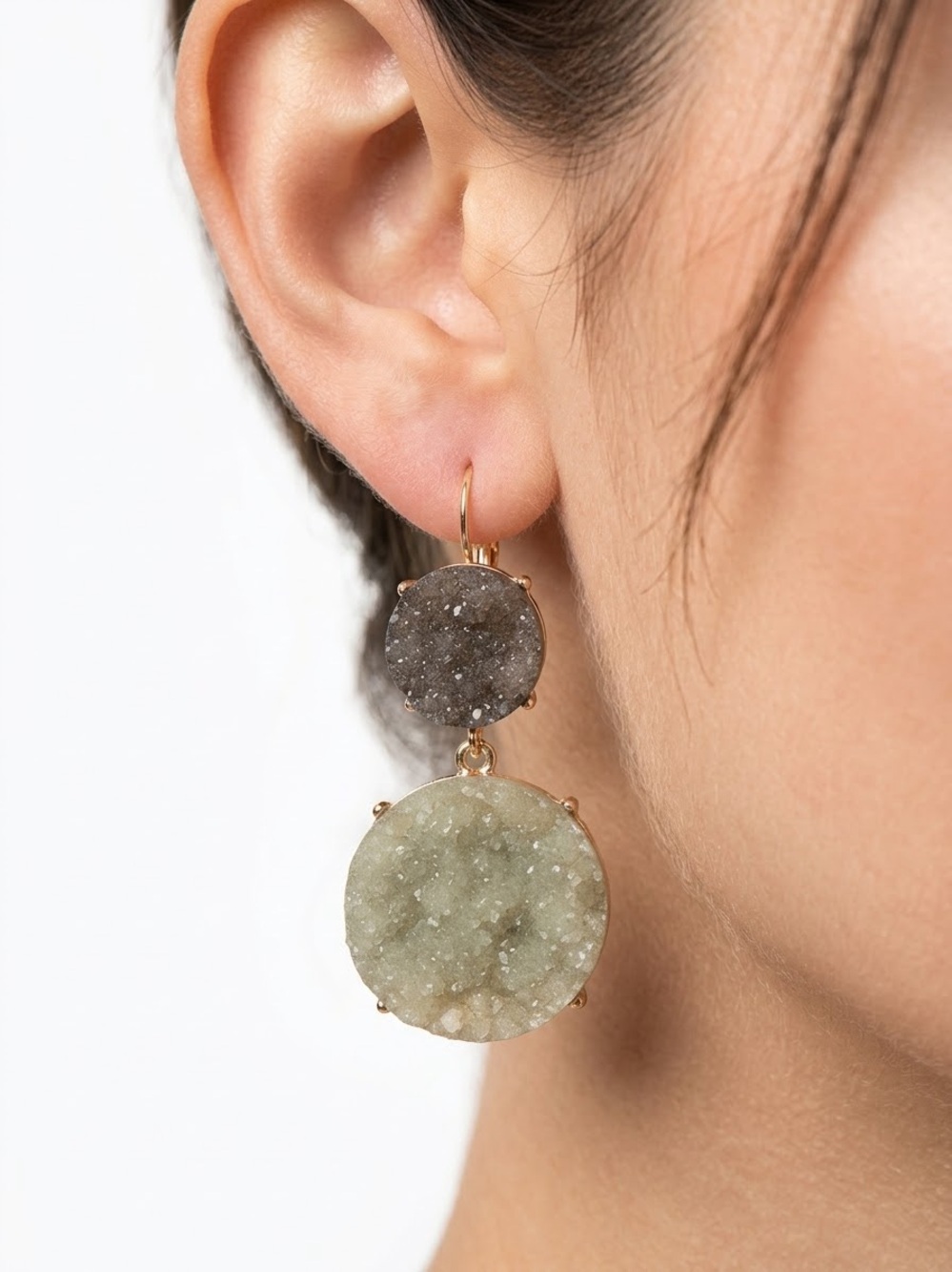 Double Druzy Drop Earrings in Gray and Light Green - 14K Gold Plated